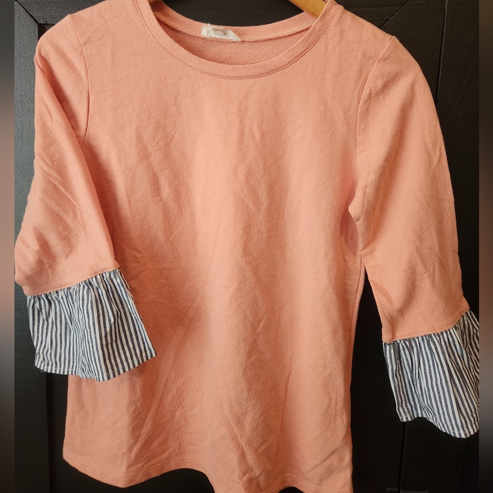 Womens Salmon Colored Top With Striped Sleeves~size S